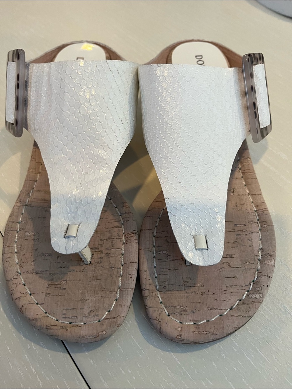Donald J. Pliner White Textured Thong Sandals with Cork-Style Footbed